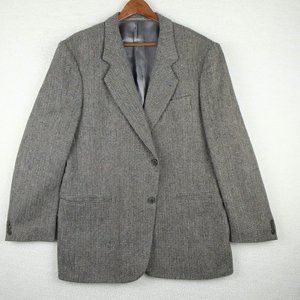 Vintage Blazer Jacket Mens 44R Gray Black Herringbone Two Button Vented Wool 80s